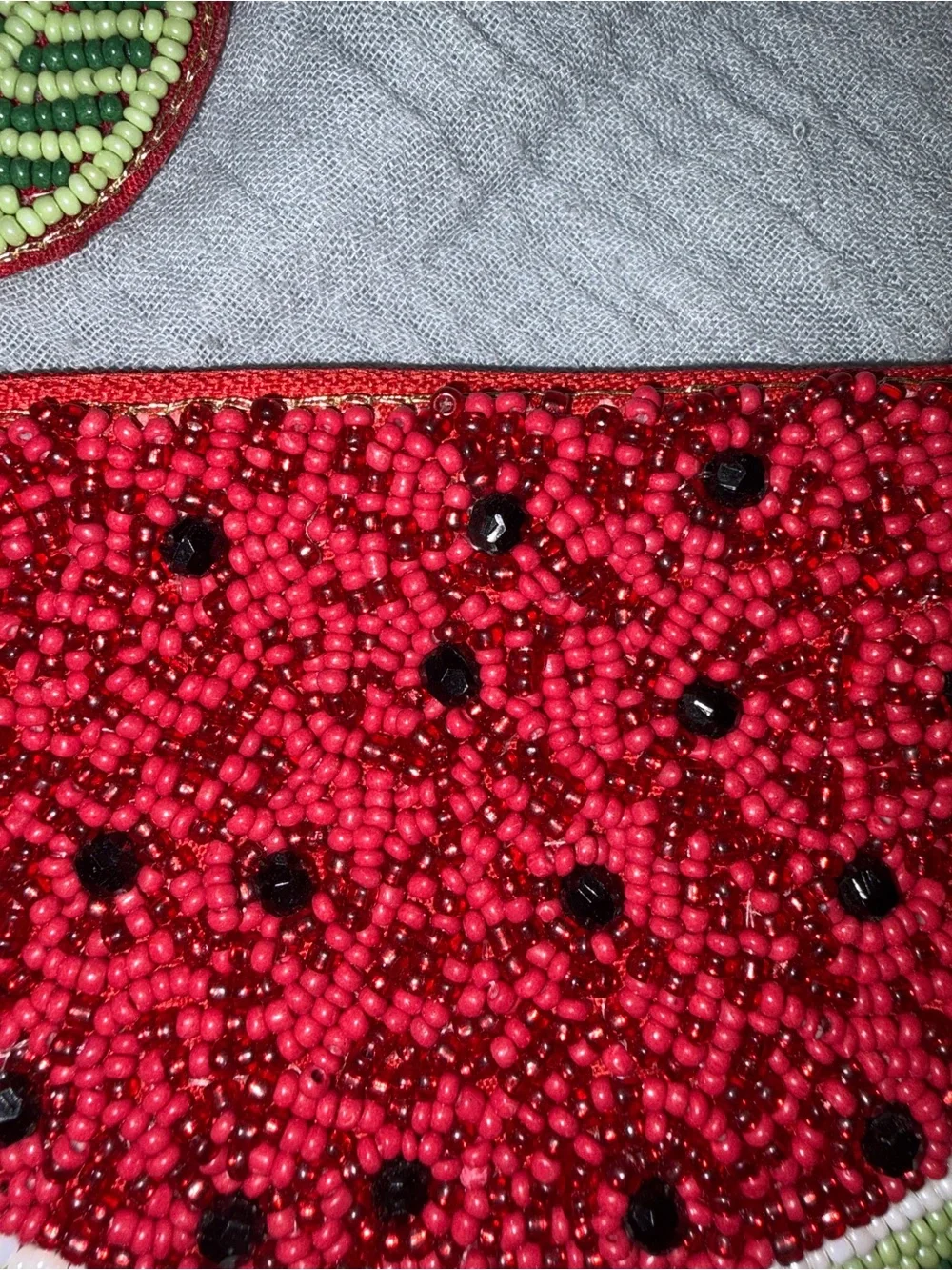 Beaded Watermelon Coin Purse with Leaf Charm - Red Green